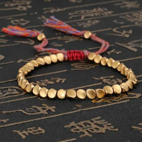 Bracelet Bouddhiste tibétain en Perles de cuivre Fait à la Main, Corde Rouge, Bijoux pour Femmes et Hommes - Perles de cuivre
