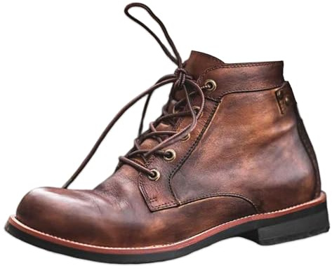 RenDiuJups Retro Motorcycle Boots Brown Leather Men's Biker Lace-Up Ankle Boots Vintage Style, Distressed Leather Casual Footwear, Rugged Workwear & Combat Shoes for Men(5 UK)