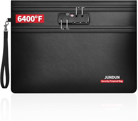 JUNDUN Fireproof Document Bag with Lock (14.2 x 10.2), 6400℉ Fireproof Money Bag for Cash with 12 Layers Heat Insulated, Dual Zipper Fire Safe Pouch for Important Documents and Valuables