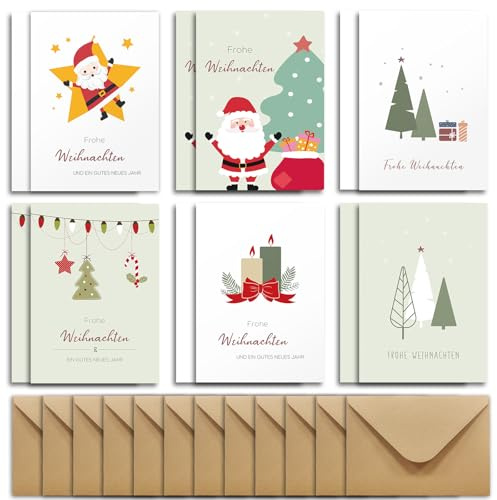 12 Lustige Weihnachtskarten mit Umschlag Set, Simple Modern Weihnachtskarten Klappkarten mit Frohe Weihnachten, Weihnachtskarte Kinder, Christmas Cards für Familie, Freunde, Kollegen
