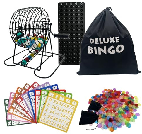 SUTIMSHE Deluxe-Bingo-Spiel-Set mit Metallkäfig mit großer Tasche, 1000 gemischte Farben, 100 große Karten, 75 Bingo-Bälle, Kunststoff-Masterboard, 2 Samtbeutel, ideal für große Gruppen und Partys