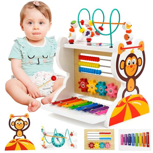 Maycoly Cubi attività Montessori Legno 5 in 1,Giochi Gioco Perline Educativo Sensoriale Regalo,Giocattolo Xilofono,Ingranaggi,Orologio,per Ragazzi e Ragazze di 3 Anni+