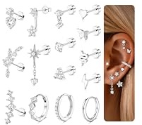 Dochais 12/15Pcs Helix Piercings Chirurgenstahl Ohrringe Damen Hypoallergene Ohrstecker Klein CZ 14K Vergoldet Creolen Ohrringe Set Flatback Cartilage Conch Tragus Piercing Ohr Schmuck Gold Silber