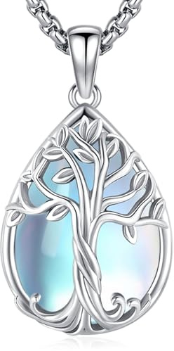 Eusense Collier Arbre de Vie avec Incrustations de Pierres Arbre de Vie Pendentif avec Améthyste, Pierre de Lune, Cristal Rouge et Rose Bijoux Cadeau pour Femme