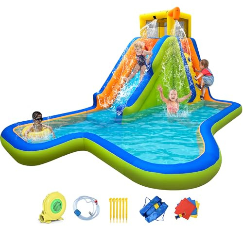 Inflatable Water Slide,6 in 1 Bounce House Outdoor Backyard,Waterslide Water Park with Slide,Splash Pool,Climbing Wall,Sprinklers,Bouncy Castle for Wet and Dry
