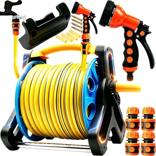(40 Meter Water Pipe and Storage Tools) Garden Hose Reel with 40 Meter Hose, Wall Mounted Hose Storage Tray, Sprinkler Nozzle, Faucet Connector and Quick Couplings
