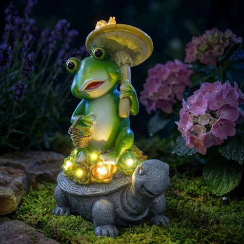Gartenfiguren für Außen Frosch auf Schildkröte mit Solar Licht:Lustige Tierfigur Wasserdicht Sukkulenten LED,Gartendeko für Draußen Balkon Terrasse Geschenke für Frauen Oma Mama Papa Geburtstag