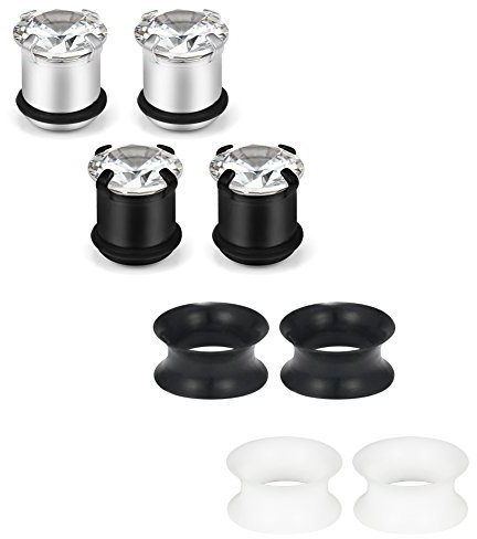 SCERRING 4 Paar klare Zirkonia-Stöpsel-Set, Ohrstöpsel, Edelstahl, Silikon, flexibel, Dehnungsmesser, Plug-Set, gleiche Größen 6 G - 12 mm, 316L Chirurgenstahl, Zirkonia
