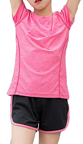 Echinodon Mädchen Sport Set Kurz Atmungsaktiv Schnelltrockend Shirt + Shorts Sportanzug für Yoga Jogging Training Rosa 130