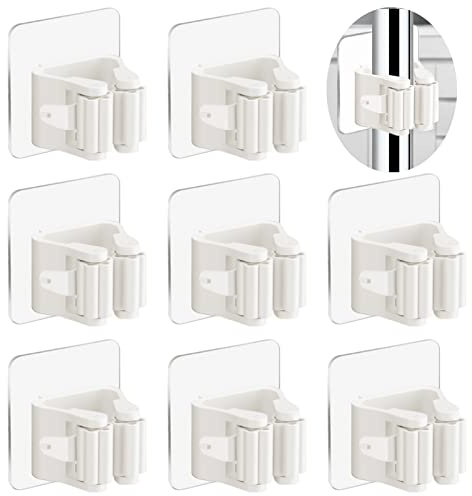 3-H Brush Holder Wall Mounted 8 Pack,Mop Holder Self Adhesive,Broom Holder Wall Mounted for Kitchen Bathroom Closet Garden Garage(White)