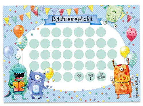 Papierdrachen Belohnungstafel Set für Kinder als Abreißblock 10 Blatt - Motivierendes Konzept als Erziehungshilfe - mit tollen Stickern für Jungs und Mädchen - Motiv Monster Set 4