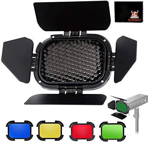 GODOX BD-07 Kit de Porte de Grange Porte Nid d'abeille, Réflecteur à Quatre Ailes et 4 Filtres de Couleur Compatibles pour Godox AD200 AD200pro