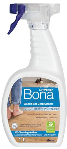 Bona OxyPower Wood Floor Cleaner Liquid, Wooden Floor Cleaner, for Varnished or Hard Waxed Wood Floors, 1 Litre Spray Bottle, White