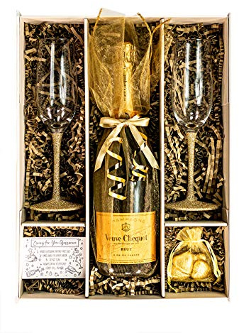 Veuve Clicqout 75cl Gift Set Hamper with matching Sparkling Gold Champagne Flutes & Chocolates Gift Boxed - Birthday, Thank you, Champagne Gifts for Him and Her (Sparkling Stems)
