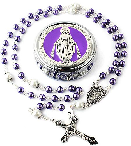 HanlinCC 6mm Glass Pearl Beads with 8mm Our Father Beads with Caps Rosary Necklace Pack in Miraculous Metal Gift Box (Purple Rosary with Miraculous Gift Box)