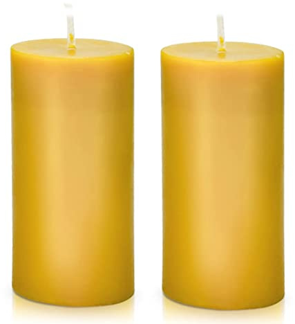 DEYBBY Natural Beeswax Pillar Candle, Smokeless Dripless Pure Beeswax Candle Set with Natural Scent for Room Decoration Emergency Party, Long Lasting Burn Time, 2 x 4 inch (2 Pack),Yellow Raw