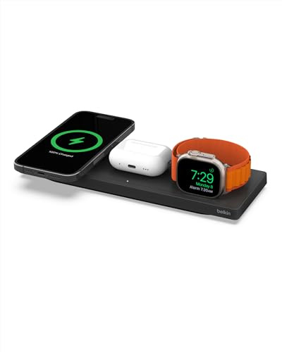 Belkin MagSafe 3-in-1 Wireless Charging Pad - Fast Wireless Charging for Apple Watch, iPhone 14, iPhone 13 & iPhone 12 series, & AirPods - MagSafe Charging Station For Multiple Devices - Black