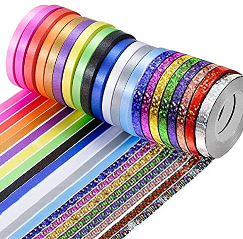 Jonami 44x Ringelband Geschenkband Polyband Glitzer Deko Band in Bunten Farben für Geschenkbänder zum Basteln und Verpacken, Geschenkverpackung, Ballonverschlüsse