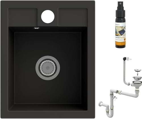 GRANITAN BEST Küchenspüle – Spüle aus Granit mit Siphon Chrom, Sieb und Imprägniermittel - Spülbecken mit 1 Becken – Einbauspüle 40x50 cm – Schwarz