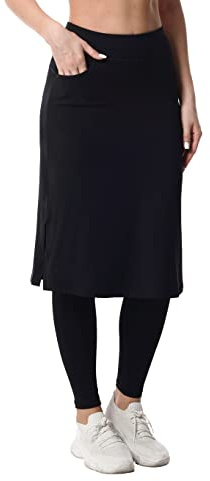 Women's Modest Long Skirt with Attached Leggings Pockets Midi Cover Up Workout Skirted Capris bk m Black