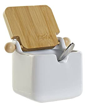 DKD Home Decor Azucarero Color Blanco Natural, de bambú y dolomita (10,5 x 8 x 8 centímetros)