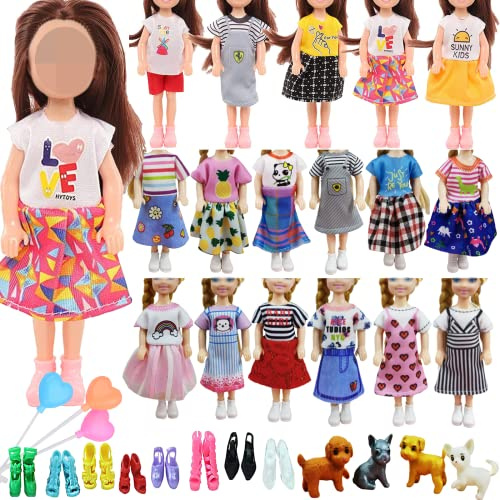 18 st kläder outfit kompatibel med Chelsea dockor 15 cm, docktillbehör inklusive 12 st slumpmässiga klänningar, 2 par skor, 1 slumpmässig hund och 3 färgglada ballonger för barn flickor present