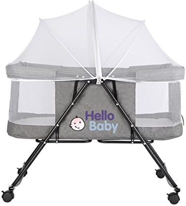 Cuna de Colecho para Bebé con Colchón, Función de Mecedora, Lateral Abatible, Altura Ajustable, Panel de Malla, Ruedas y Bolsa de Viaje 0-6 Meses