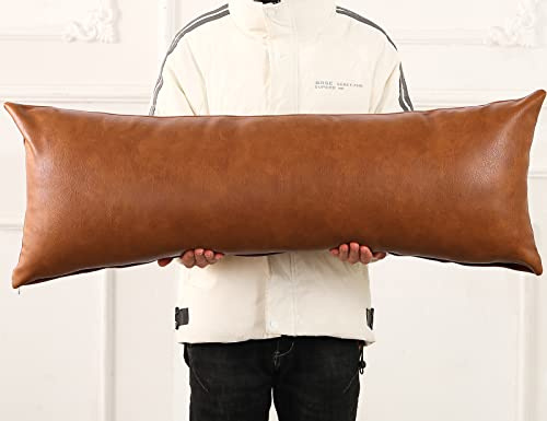 PANOD Decorative Lumbar Throw Pillow Covers 12 x 40,Premium Faux Leather Long Pillow Covers Cushion Case for Farmhouse Sofa Couch Bed Livingroom,Modern Boho,Vegan Brown
