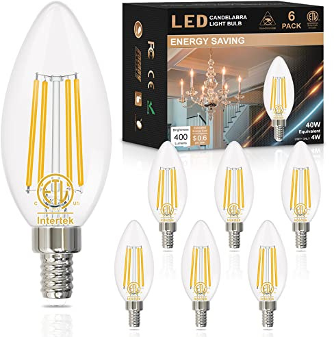 hansang E12 LED Candelabra Bulb 2700K Warm White, 40W Equivalent Type B Light Bulbs, 4W Candle Shape B11 Bulb for Chandelier, LED Filament with Clear Glass, 120V, 400LM, 6 Pack, Non-dimmable