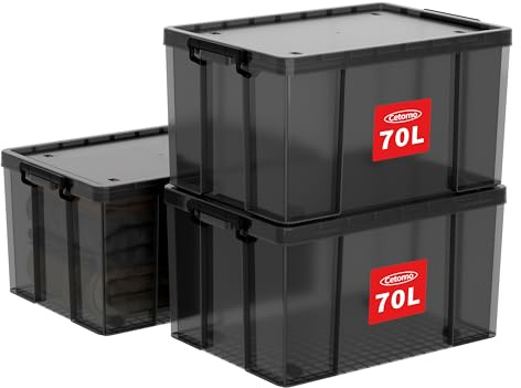 Cetomo 70L*3 Heavy-Duty Aufbewahrungsboxen, Stapelbare Kunststoffbox mit Rollen, Robuster Behälter mit verstärkten Ecken & Einrastverschlüssen, Langlebig, Stabil, PP,Transparent Schwarz, 70L-3er Set
