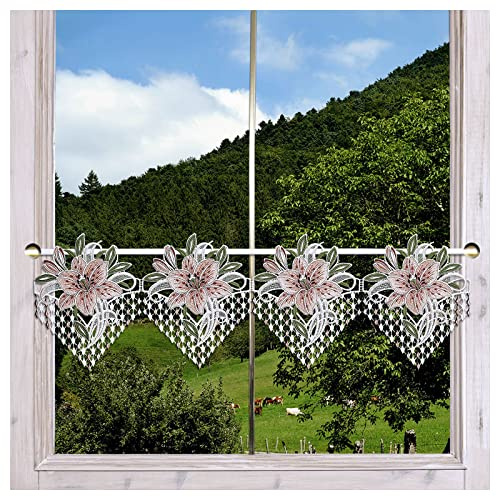 Feenhaus-Spitzengardine Leila mit Lilien in rosa Scheibengardine aus Plauener Spitze modern 23 x 54 cm