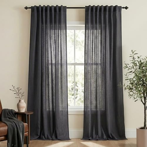 Dunkelgraue Leinen-Vorhänge, Länge für Wohnzimmer, Schiebetür, Terrasse, großes hohes Fenster, extra Lange Stangentasche/Rückenlasche, anthrazitfarbener Vorhang für hohe Decke, Balkon, Set 2 Paneele
