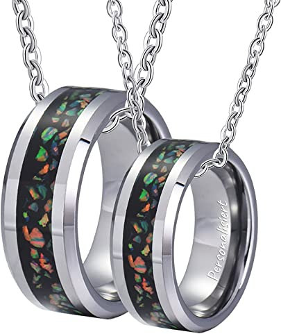 KnSam Wolfram Partner Halsketten für Sie und Ihn mit Ring Anhänger, 2 Stück Partner Kette Opal, Silber für Damen Herren (Breite 8MM, Länge 60cm/ 50cm, Damen 54 Herren 62)