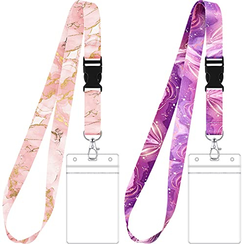 2er Set Schlüsselbänder mit Ausweishüllen Umhängeband Blumen Lanyards und Wasserdichte Transparente Ausweishalter für Karten Büro und Schule Zubehör (Marmor Stil)