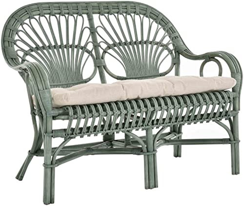 Krines Home Retro Rattanbank 50er / 60er Jahre-Stil Wintergarten 2er Küchenbank Zweisitzer Natur Rattan Bank Sofa Wintergartenbank (Grün)