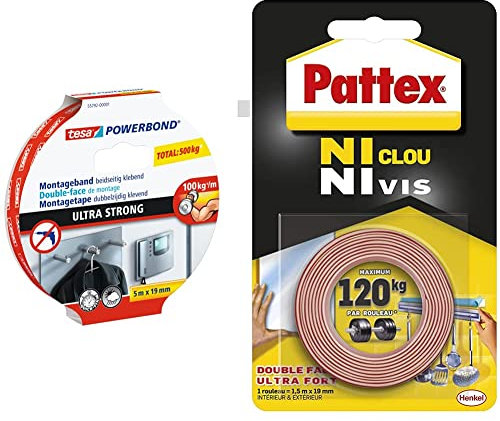 Tesa Powerbond Ultra Strong Ruban Adhésif de Montage Double Face Extra Fort & Pattex Ni Clou Ni Vis Double Face 19 mm x 1,5 m, Ruban adhésif double face ultra résistant pour fixation permanente