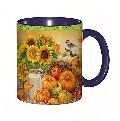 DHAEY Mug porcelaine fine Automne Citrouille Récolte Tournesols Bird House |Mug humour pour collègue, amis, copains, frères et soeurs |Mug original avec