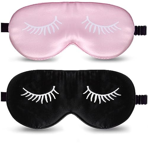 Seiden Schlafmaske, 2 Stück Augenmaske zum Schlafen Augen Schlafschutz Lichtdichte Schlafmasken Verstellbaren Schlafbrille Augenbinde Nachtmaske für Pause Reise (Schwarz, Rosa)