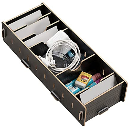ZLXHDL Visitenkartenbox Holz – Schreibtisch Organizer mit 4 variablen Trennwänden, Aufbewahrungsbox aus Holz 28 x 10,9 x 6,1 cm – Büro Organizer für Schublade oder Tisch, Schwarz