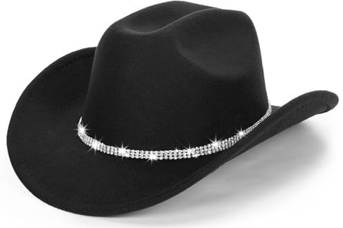 Chapeaux de Cowboy Classiques en Feutre pour Femmes-Hommes Fedora-Jazz avec Bande(Lagre), Noir avec Strass, Taille L