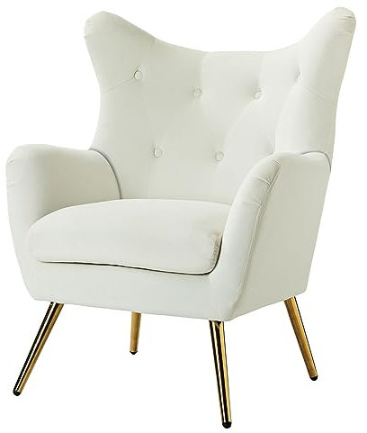 FABRICATION HAUS Sessel, Armsessel, Lehnsessel, bequemer und gepolsterter Loungesessel mit goldenen Metallbeinen, Ohrensessel für das Wohnzimmer, Schlafzimmer, weiß