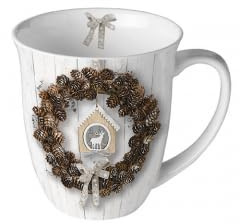Ambiente Tasse à anse de 0,4 l - Tasse à café - Tasse à thé - Tasse d'hiver - Tasse de Noël - Pin cone wreath - Maison de campagne - Noël - Hiver - Pommes - Branches