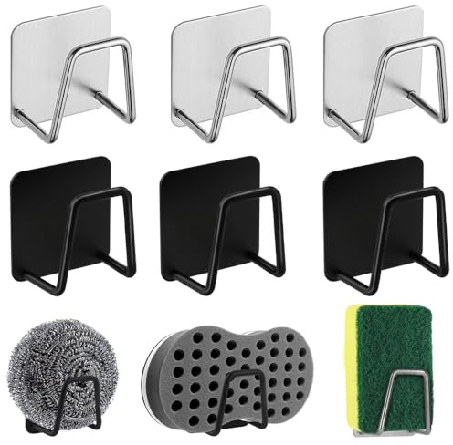 KUIZHEN Selbstklebend Schwammhalter für Küchenspüle - 6 Stück Edelstahl (Silber Schwarz)