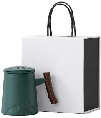 CAPIJIONG 430ml/14.5oz Mountain And River High Capacity Tea Separation And Tea Making Mug With Lid Filter Ceramic Office Japanese Tea Cup-Frosted Green (Gift Box)