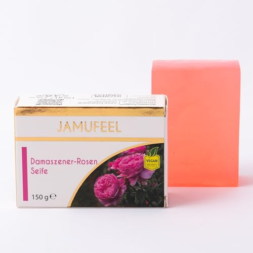Jamufeel • Damaszener-Rosen Kernseife für Gesicht & Körper • 150g • Sanfte Reinigung & Pflegt trockene Haut • 100% Vegan • Ohne Gentechnik • Frei von Allergenen