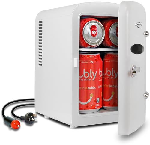 Koolatron Retro Mini Fridge For Bedrooms 12V Portable Cooler Refrigerator 4L Small 6 Can Table Top Quiet Mini Fridges For Skincare Food Drinks Kids Home Car & Travel White