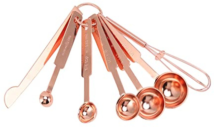 Messlöffel Set, 7 in 1 Edelstahl stapelbar Metall Esslöffel mit Leveler Eggbeater Multifunktion Backen Messlöffel für trocken oder Flüssigkeit zum Kochen und Backen (Rosa Gold)