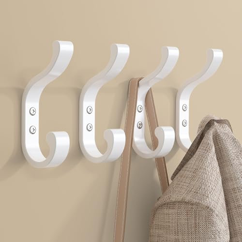 Large Wall Hooks for Hanging Coats - Heavy Duty Hook Hold 30LB for Backpacks, Towels, Coat, Keys, Clothes - Wall Mounted Hooks for Bathroom, Closet, Door, Mudroom - Metal, White 4 Pack