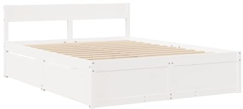 vidaXL Bettgestell mit Schubladen, Kiefernholz, Weiß, 150 x 200 cm, Schlafzimmermöbel, Lattenrost, Bettgestell, Doppelbett