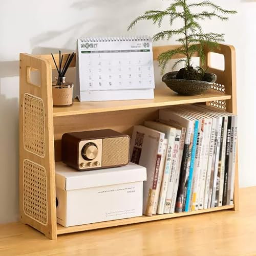 JIAOCKJIAO Rattan Desktop Bücherregal, Mehrzweck Schreibtischregal Organizer, 2-stufiges Tischregal aus Bambus, Kleines Bücherregal mit Griff, for Zuhause, Büro(Natural,16''/40cm)